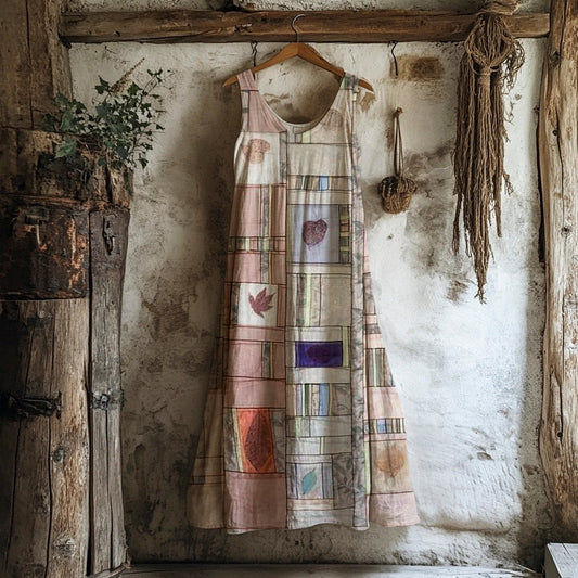Boho Leaf Patchwork Art Vintage Women's Linen Vest Dress artswardrobe