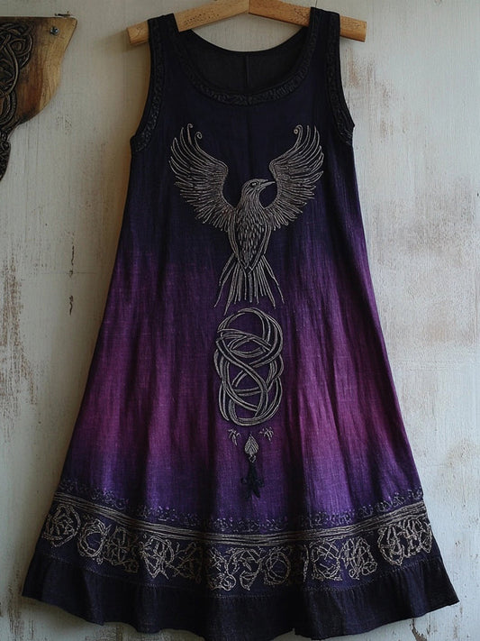 Vintage Celtic Raven Embroidered Purple Gradient Tank Dress artswardrobe