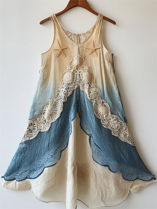 Starfish Embroidered  Sea Shell Lace Waves Gradient Flowy Linen Dress artswardrobe