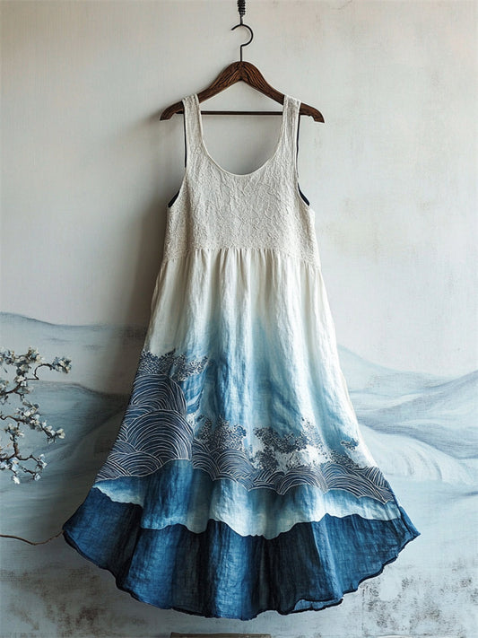 Japanese Sea Waves Art Lace Patchwork Flowy Linen Dress artswardrobe