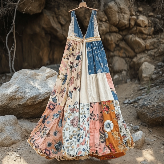 Women's Vintage Bohemian Denim Patch Sleeveless Dress artswardrobe