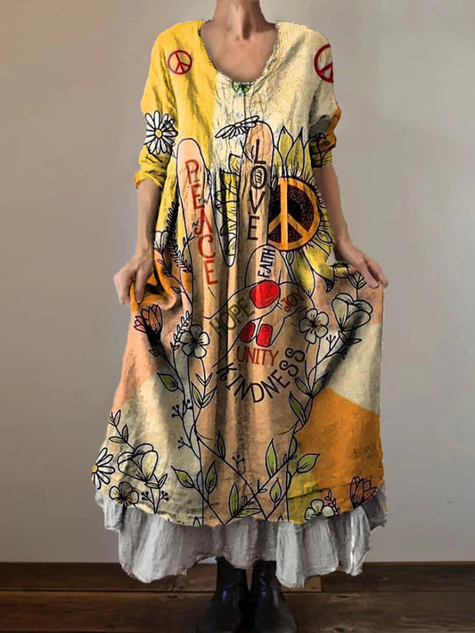 Women's Hippie Peace Love Art Print V-Neck Button Pocket Cotton Dress