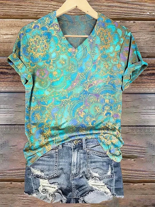 Women's Retro Ethnic Totem Print V-neck Casual T-Shirt