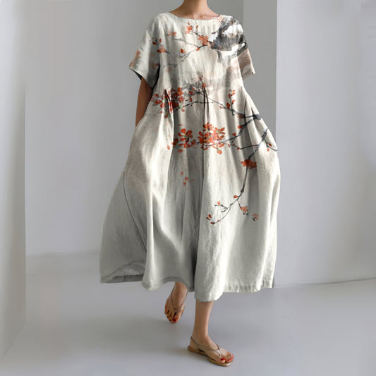 Comstylish Women Japanese Floral Art Printed Casual Midi Dress