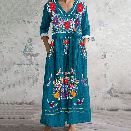 Women's Floral And Bird Art Pattern V-neck Cotton And Linen Dress artswardrobe