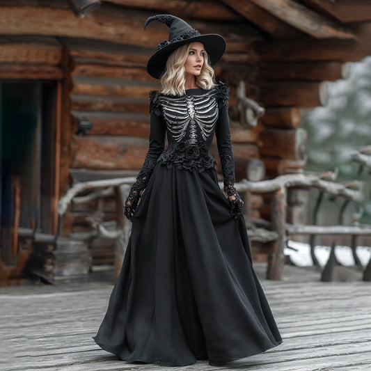 Comstylish Retro Skull Black Rose Pattern Casual Round Neck Maxi Dress