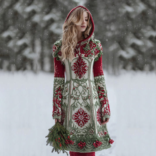 Women's Celtic Knot Christmas Flower Jacquard Chunky Hooded Midi Dress artswardrobe