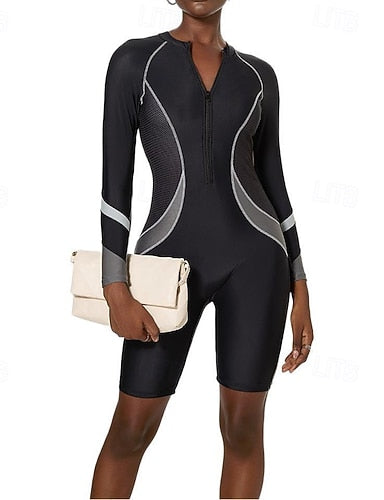 Rash Guard One Pieces Patchwork Zip Up Knee Length Uv Protection Elastic Long Sleeve Swimwear Swimsuit Surfing Snorkeling Swimming Spring