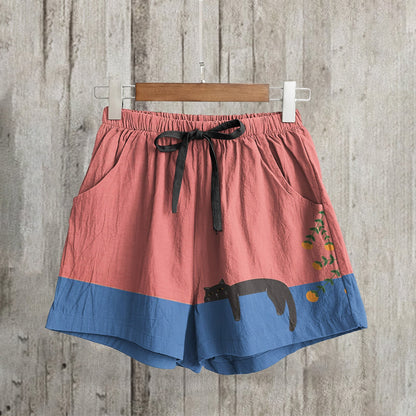 Abstract Creative Lazy Black Cat Painting Art Linen Shorts elevenforest