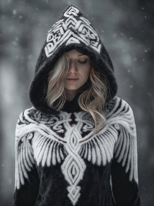 Comstylish Vintage Viking Inspired Wings Pattern Cozy Plush Hoodie