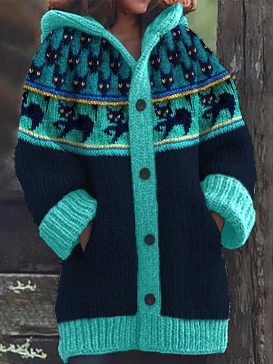Vintage Black Cats Yoke Contrast Cozy Knit Hooded Cardigan elevenforest