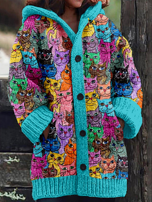 Comstylish Cute Colorful Cats Graphic Cozy Hooded Cardigan