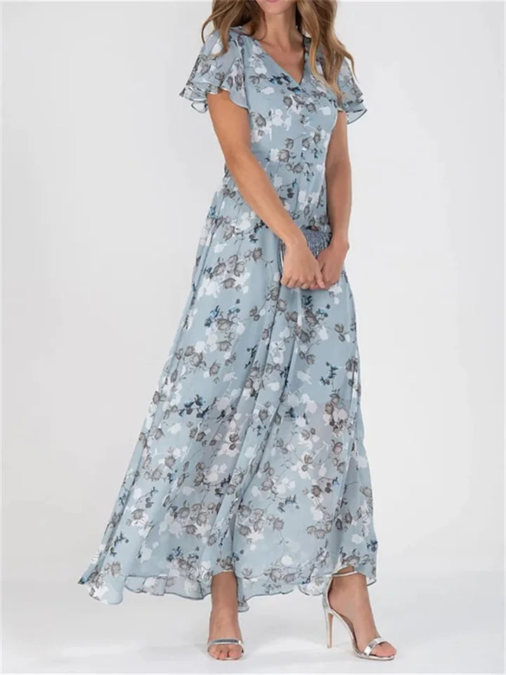 LM | Printed midi dresses with long sleeves and V-neckline