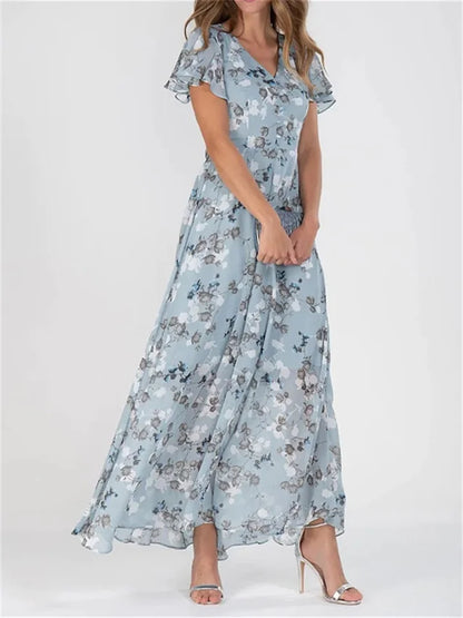 LM | Printed midi dresses with long sleeves and V-neckline