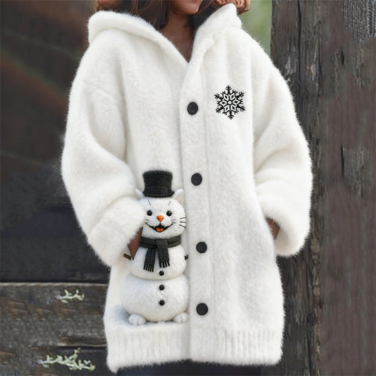 Comstylish Cat Snowman & Snowflake Cozy Hooded Cardigan
