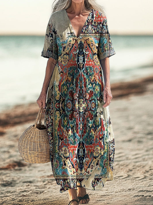 Women's National Style Art Print Pocket V-neck Cotton Dress