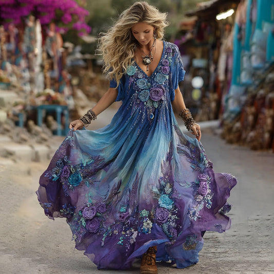 Vintage Purple And Blue Lavender Patchwork And Floral Embroidered Art Linen Maxi Dress artswardrobe