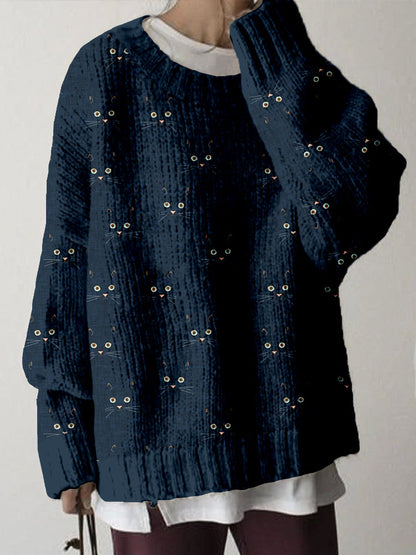 Comstylish Cute Cat Face Pattern Crew Neck Comfy Sweater