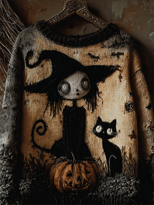 Comstylish Halloween Gothic Witch Girl & Cat Cozy Knit Sweater