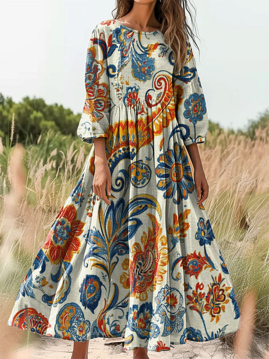 Women's Folk Paisley Floral Art Print Flowy Cotton Crew Neck Dress