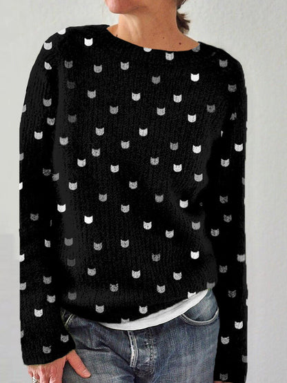 Cute Little Kitty Pattern Crew Neck Cozy Sweater elevenforest