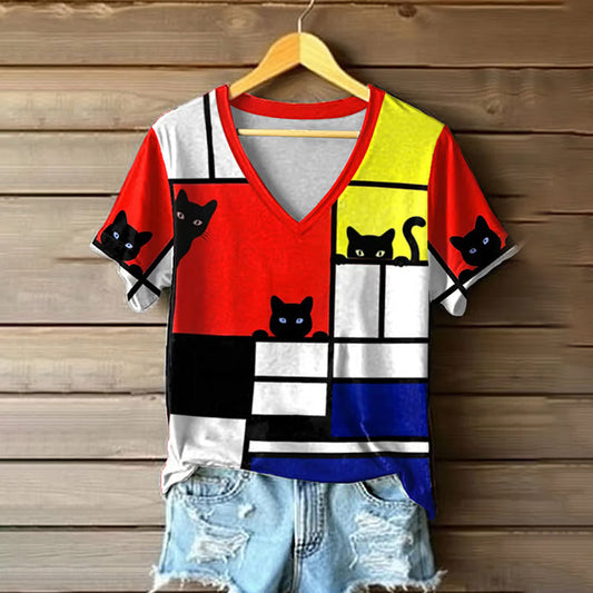Women's Retro Funny Animal Cat Print Short Sleeve T-shirt elevenforest