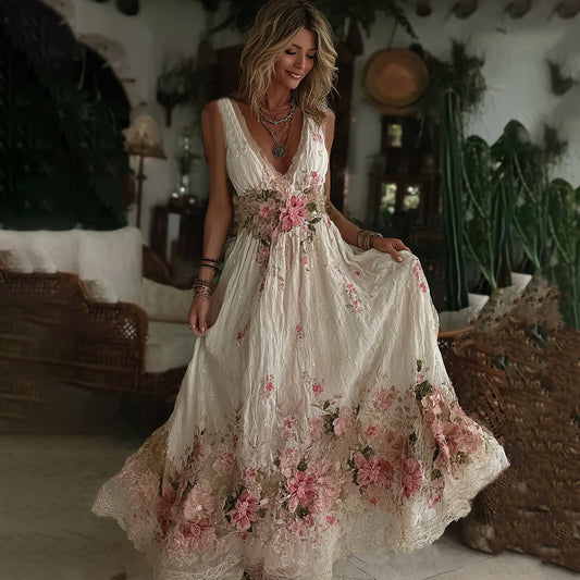 Vintage Floral Art Embroidered Linen Sleeveless Maxi Dress artswardrobe