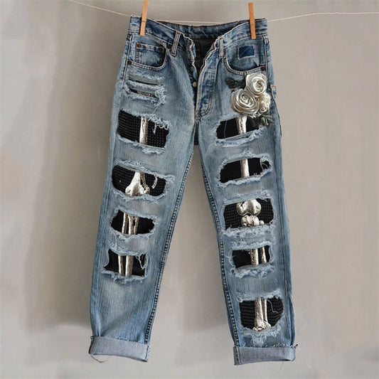 Comstylish Halloween Skeleton Anatomy White Roses Distressed Patched Jeans