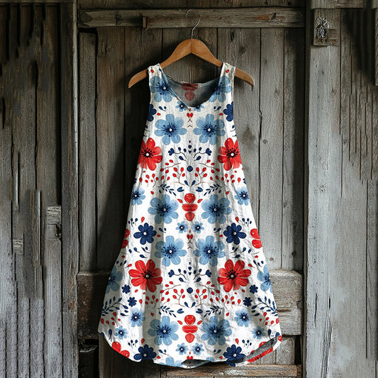 Vintage Loose Independence Day American Floral Patriotic Fourth Of July Art Linen Tank Dress artswardrobe