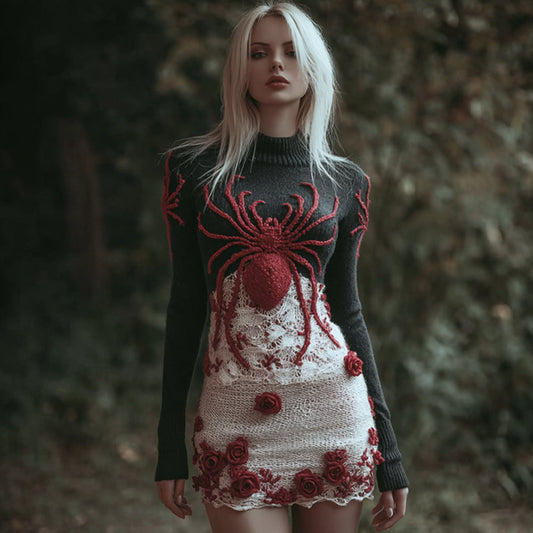 Comstylish Women's Halloween Spider And Flower Round Neck Knitted Dress