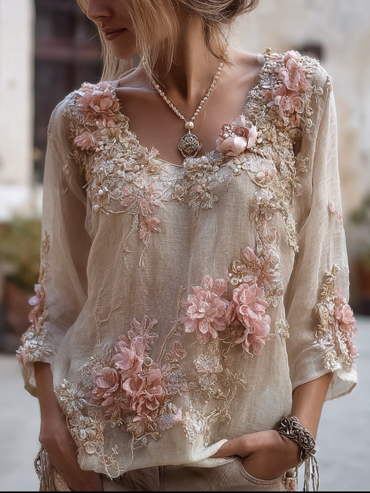 Comstylish Bohemian Style Round Neck Short Sleeve Three-dimensional Flower Design Women's Thin Top