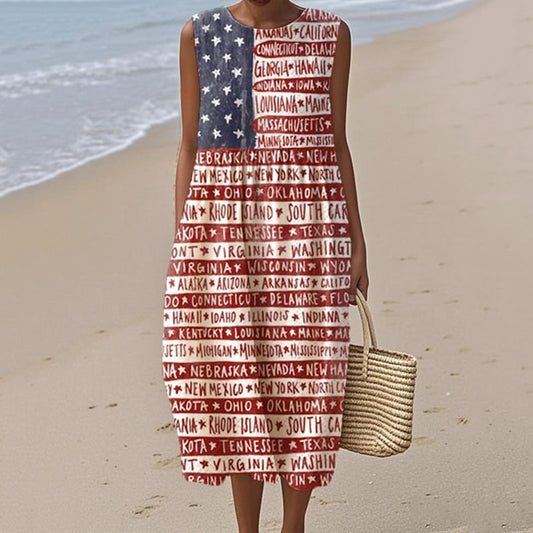 Women's Independence Day Printed Cotton Linen Dress artswardrobe