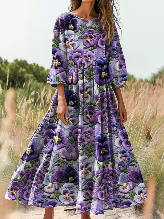 Women's Floral Print Flowy Cotton Crew Neck Dress artswardrobe