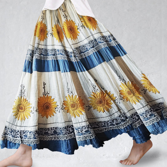 Boho Sunflowers Embroidered Lace Patchwork Flowy Wide Skirt artswardrobe