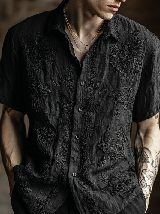 Vintage Floral Lace Embroidered Short Sleeve Linen Shirt artswardrobe