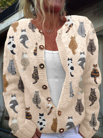 Comstylish Cute Cats Embroidery Pattern Cozy Knit Cardigan