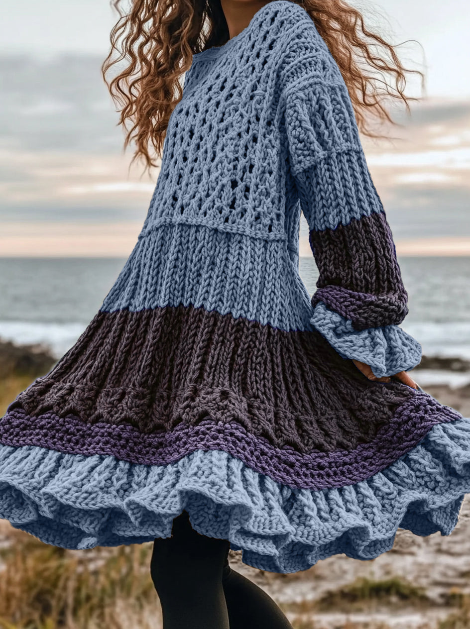 Women's Celtic Knotted Color Block Jacquard Crew Neck Sweater Dress elevenforest
