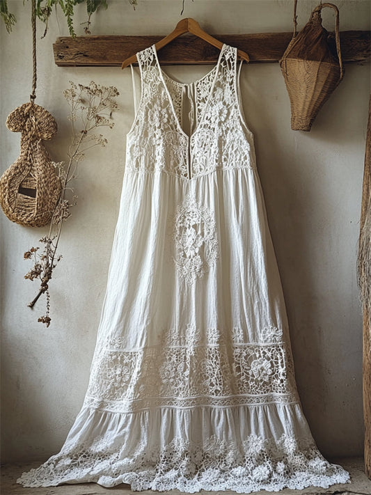 Boho Floral Hollow Lace Patchwork Linen Maxi Dress artswardrobe