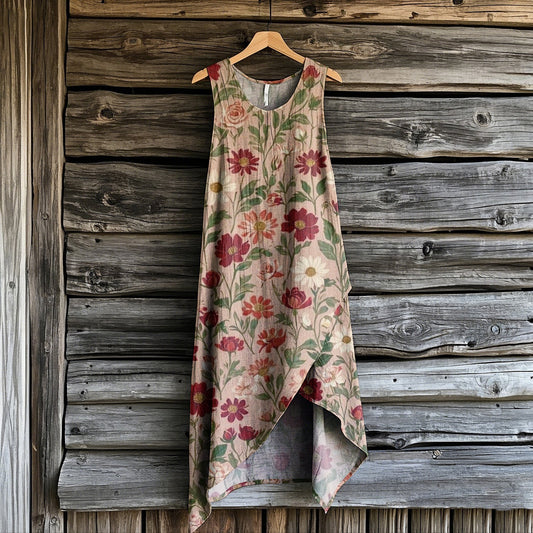 Women's  Bohemian Style Lovely Flowers Art Irregular Design Sleeveless Dress artswardrobe