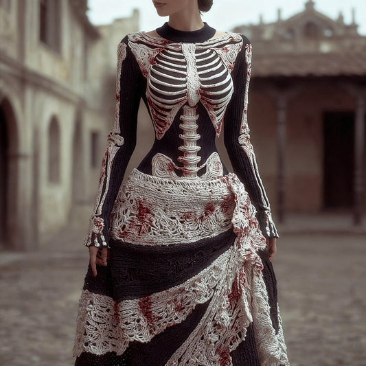 Comstylish Women's Halloween Skeleton And Lace Round Neck Vintage Dress