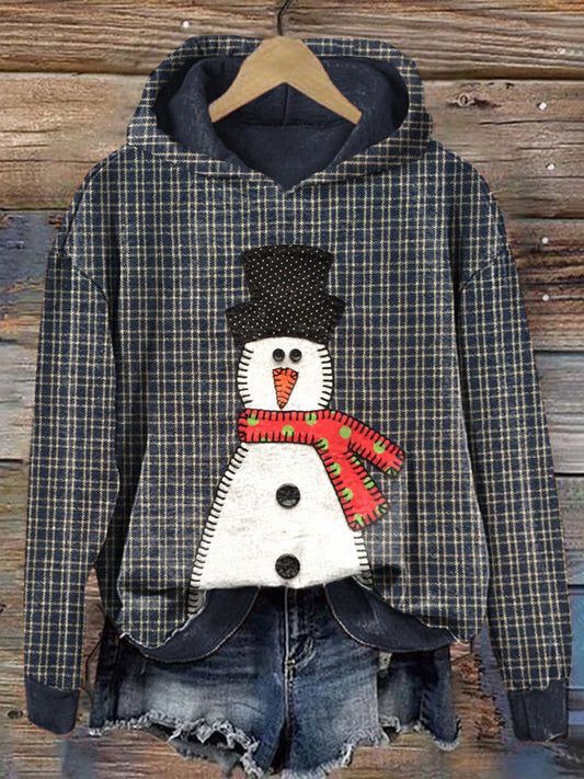Comstylish Christmas Snowman Applique Cozy Plaid Hoodie