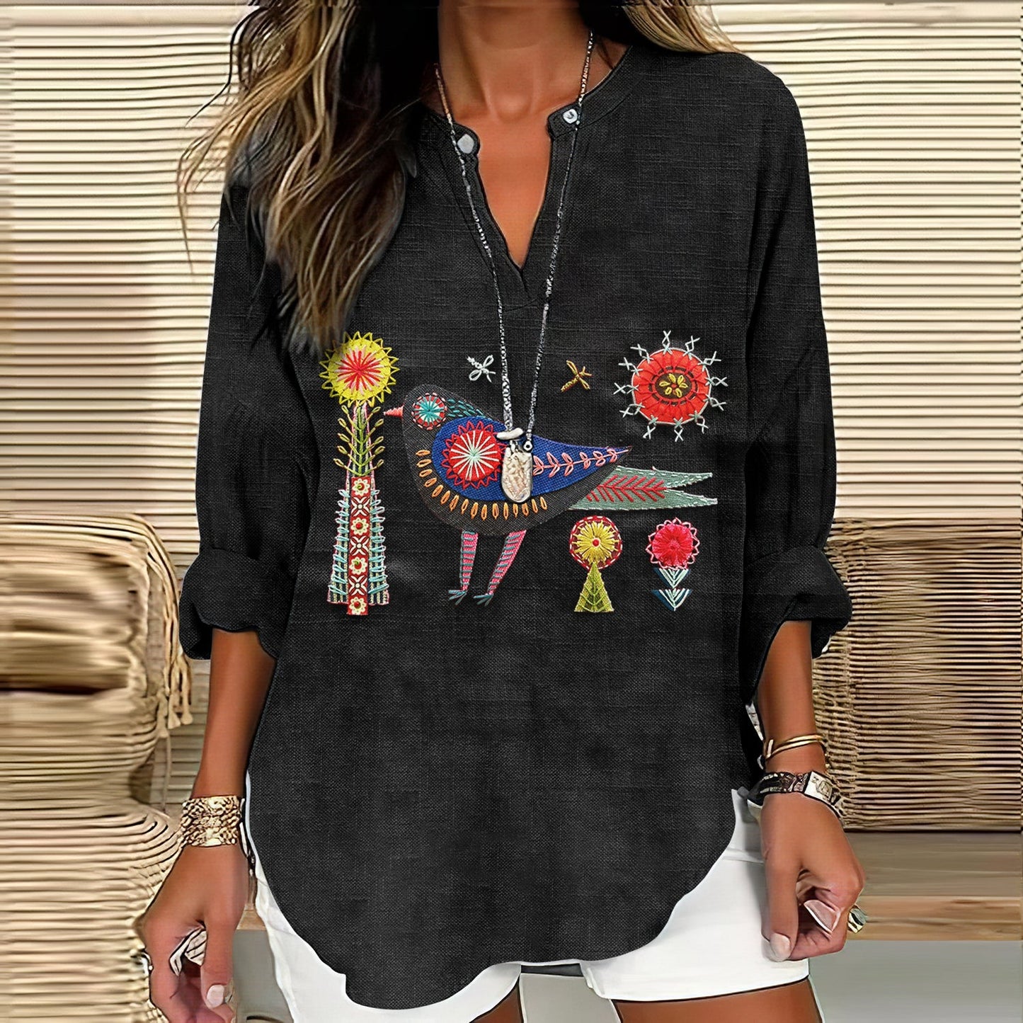 Women's Floral And Bird Embroidery Art Pattern Cotton And Linen V-neck Shirt artswardrobe