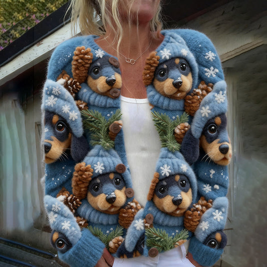 Comstylish Christmas Hat Dog Art Warm Button Cardigan