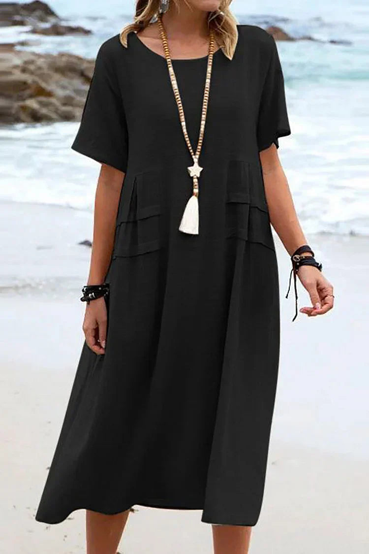 LM | Loose, short-sleeved casual dress with a round neckline and plain colors