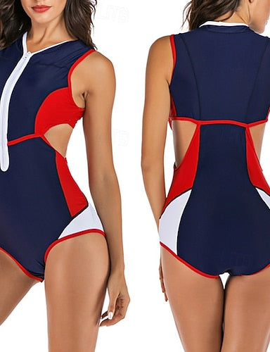 Rash Guard One Piece Swimsuit Patchwork Cut Out Front Zip Uv Sun Protection Upf50+ Quick Dry Sleeveless Swimwear Bathing Suit Surfing Beach Water Sports Summer