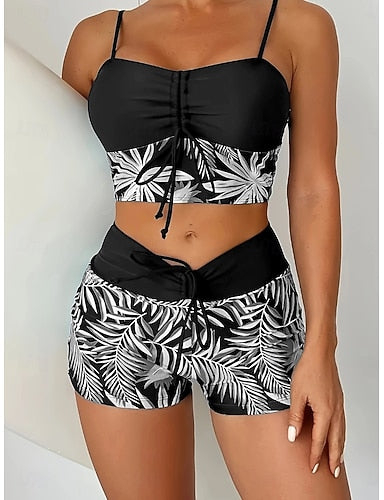 Swimwear Tankini Cheeky Swimsuit Patchwork Vacation Beach Wear Graphic Round Neck Sleeveless Bathing Suits