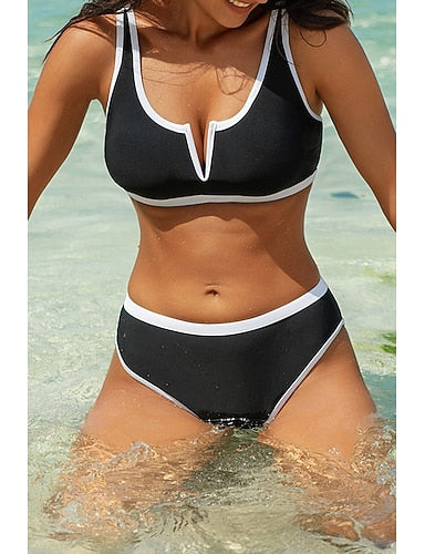 Swimwear Bikini 2 Piece Swimsuit Backless Patchwork Tropical Beach Wear Color Block V Neck Sleeveless Bathing Suits