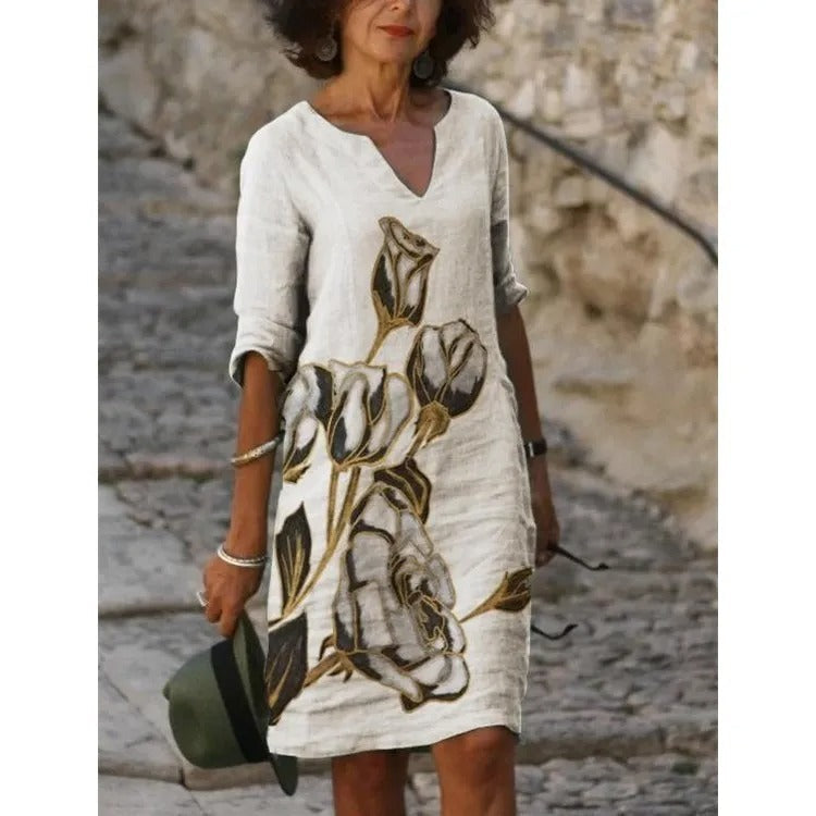 LM | Midi dress with V-neck and floral pattern