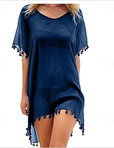 Swimwear Cover Up Beach Dresses Swimsuit Vacation Color Short Sleeves
