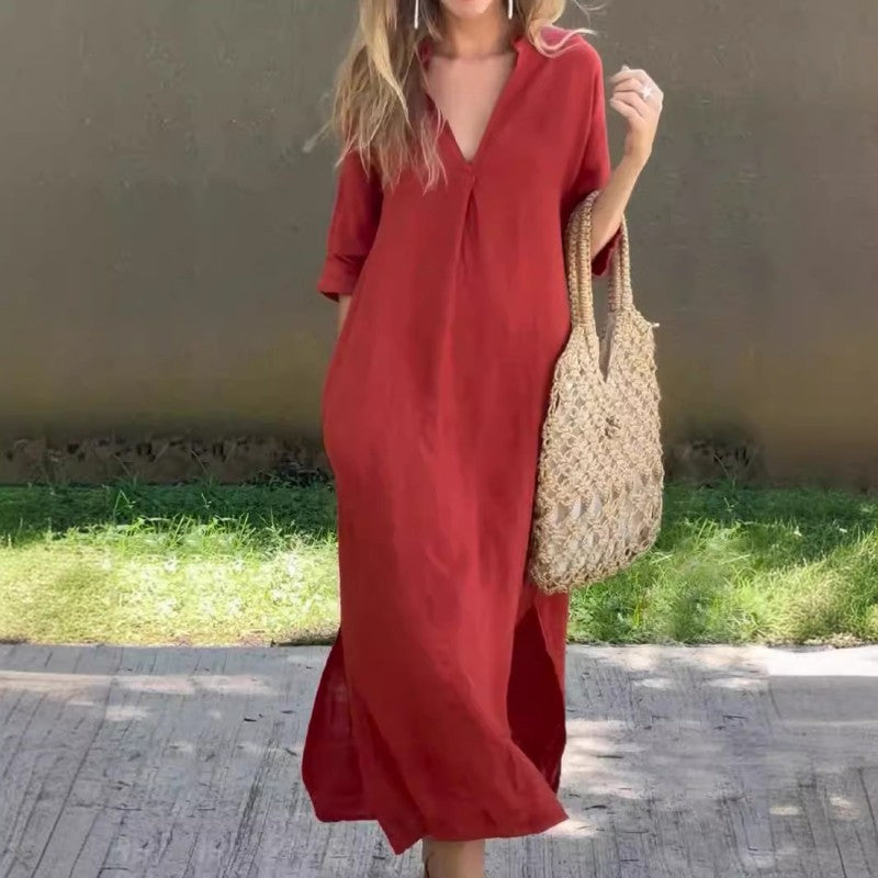 LM | Linen dress with V-neck and pocket